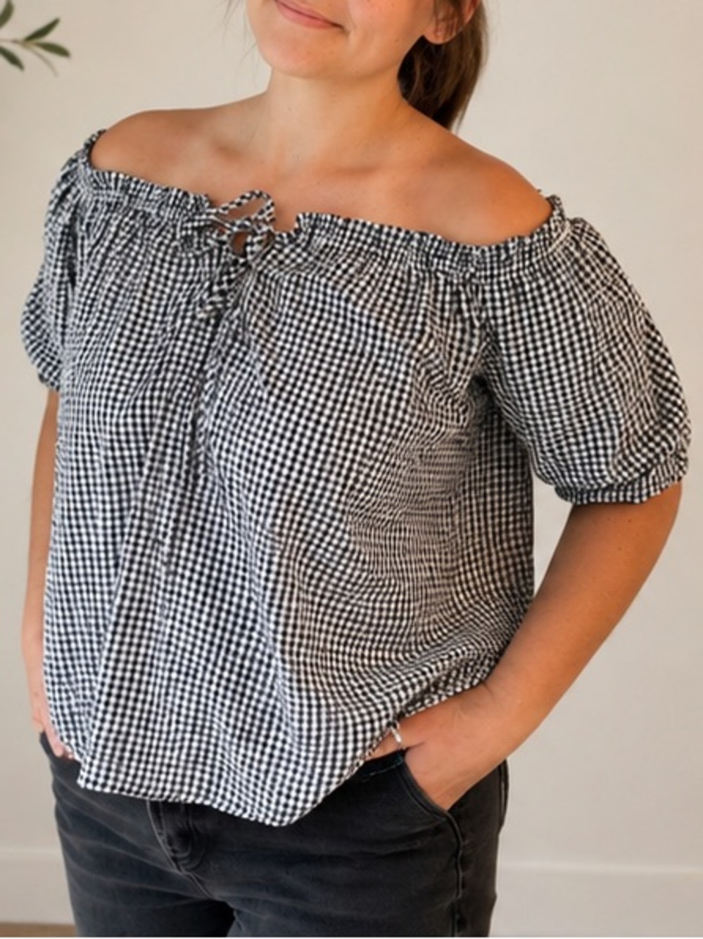 Caution To The Wind Black & White Gingham Off-Shoulder Peasant Top